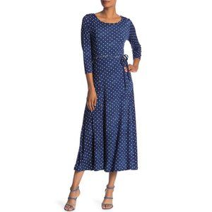 Nina Leonard polka dot 3/4 sleeve midi blue dress